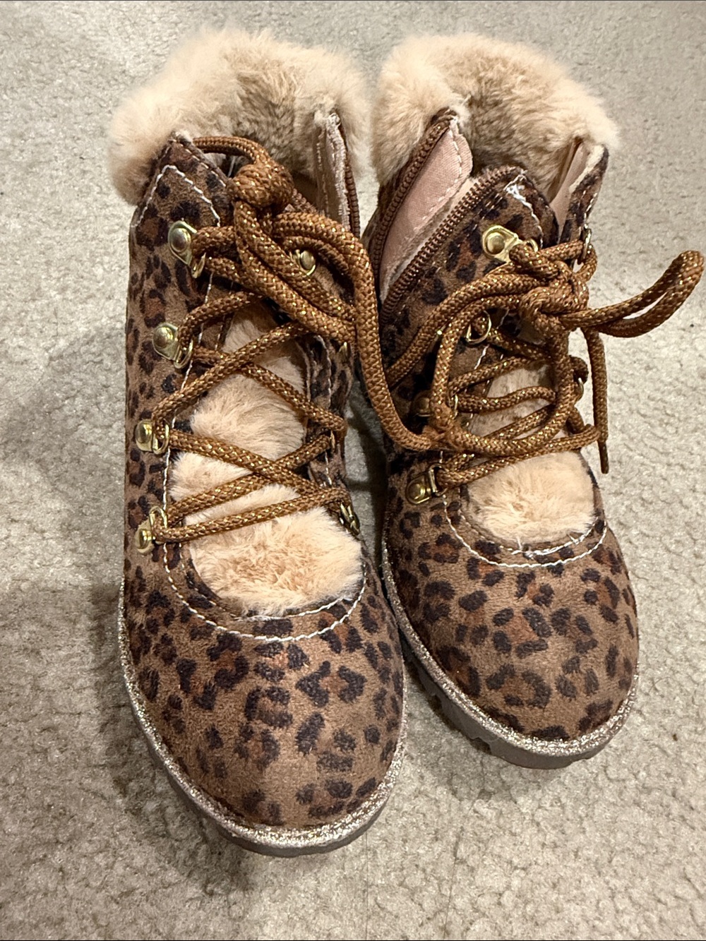 Harper Canyon Kid Girls Leopard Print Faux Fur Lace-Up Boots - Brown Size-2